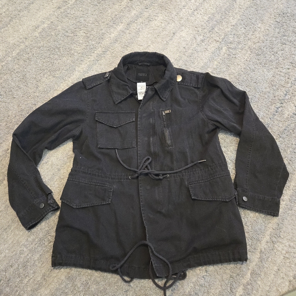 Barneys New York Military Field Jacket Black Cotton Utility Coat Women's Size 42